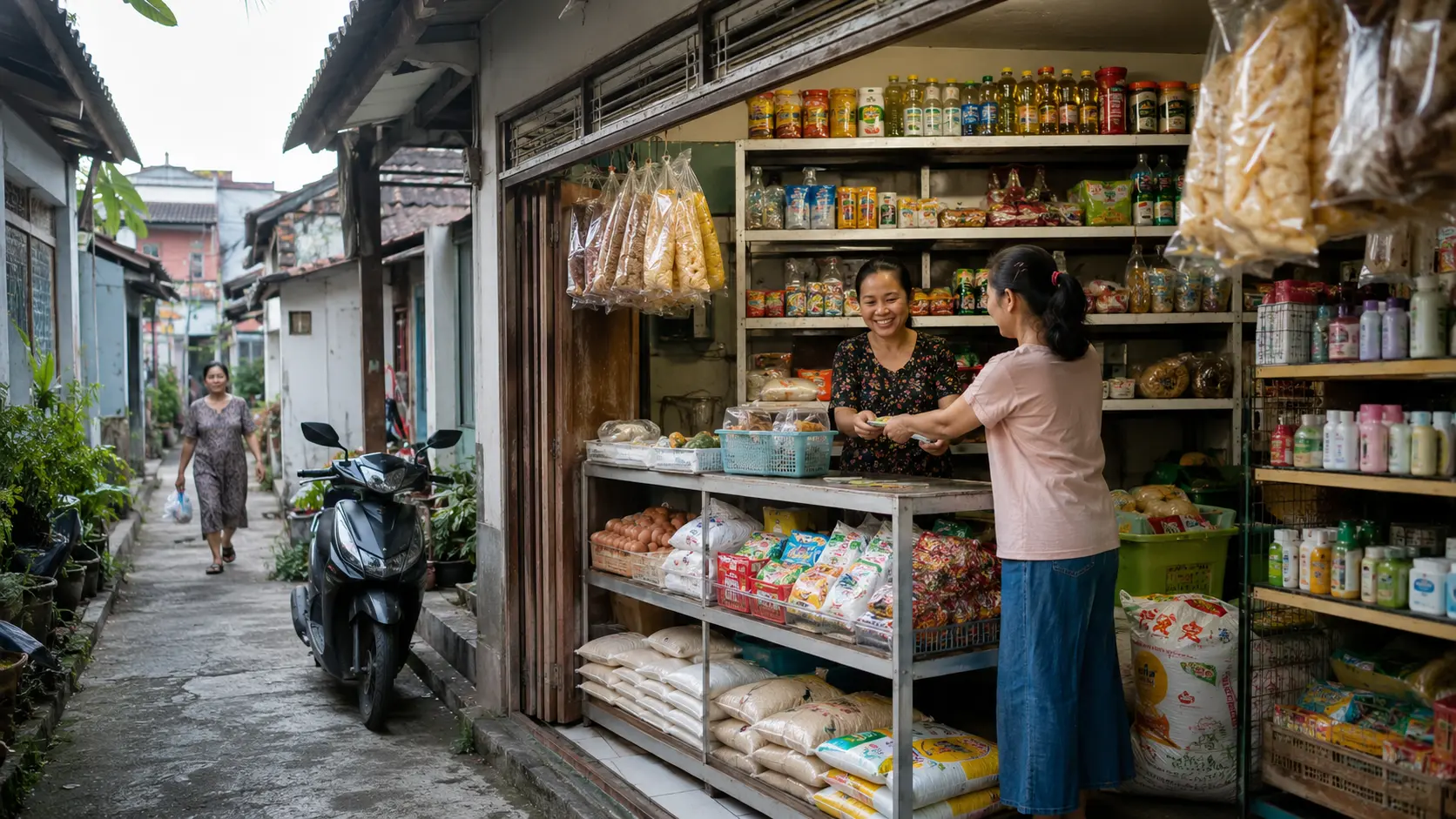 Warung kelontong rumahan yang melayani tetangga di dalam gang