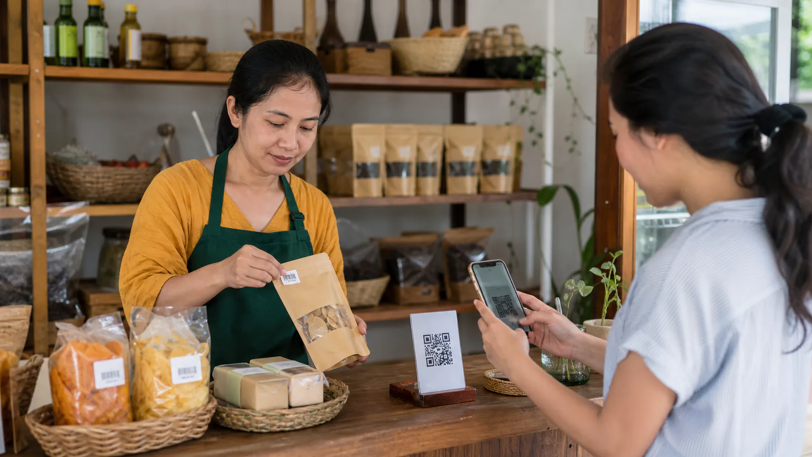 Pemilik usaha kecil Indonesia menempel label barcode pada produk sementara pelanggan memindai QR Code