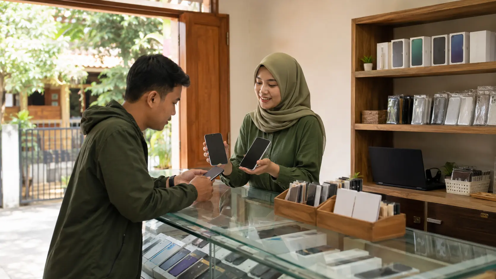 Pemilik toko HP rumahan membantu pelanggan membandingkan smartphone